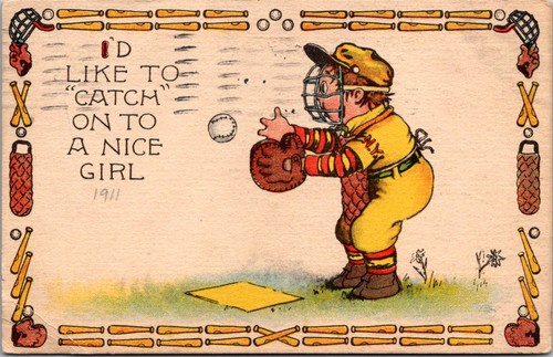 Postcard Baseball Catcher wants a Nice Girl - Baseball Bat Border - used 1911