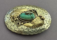 VTG Awesome Native Signed JJ Nickel Silver  Turquoise Leaf  Vine Belt Buckle