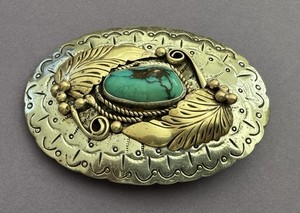 VTG Awesome Native Signed JJ Nickel Silver & Turquoise Leaf & Vine Belt Buckle