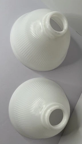 2 VTG ORIGINAL 8"SIGNED STIFFEL RIBBED MILK GLASS TORCHIERE LAMP SHADE DIFFUSERS