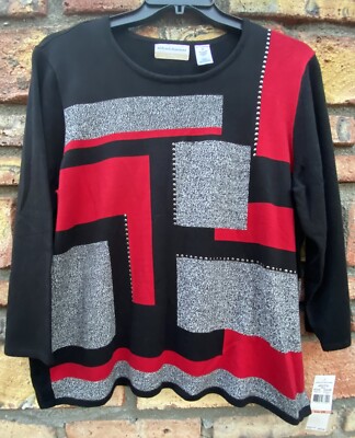NWT ALFRED DUNNER  2X Black Red Color Block Light Sweater Pullover