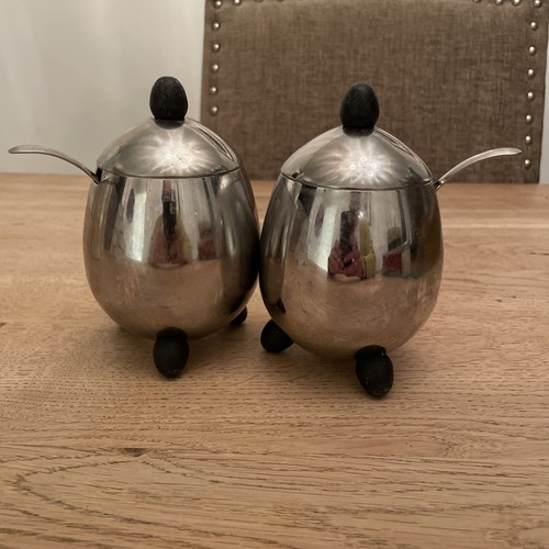 Vintage Imperial Stainless Steel Egg Shape Jam Breakfast Pots X2 With Spoons