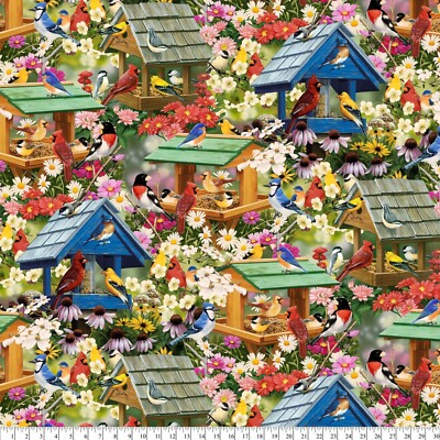David Textiles Spring Again Cotton Fabric Fat Quarter Bird Birdhouse Daisy #FA15