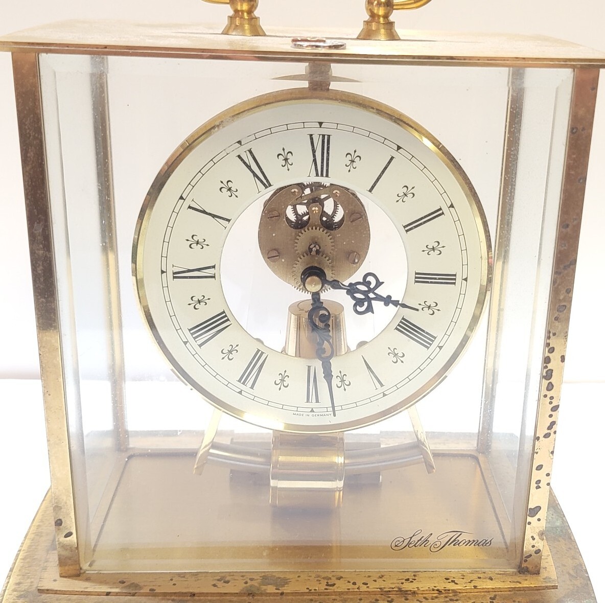 Seth Thomas Playtex Brass Glass Skeleton Carriage Mantel Clock