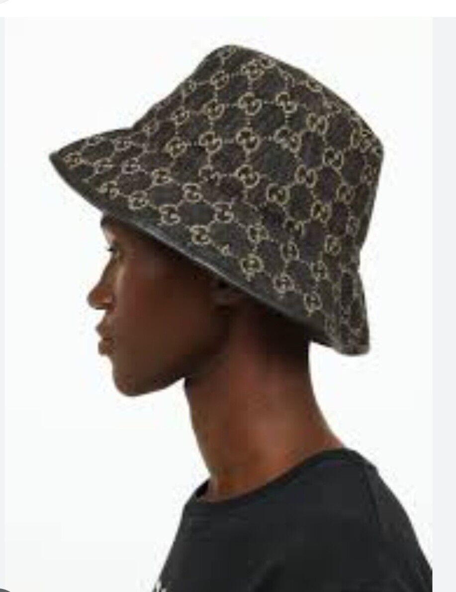 Gucci Bucket Hat Black Beige Denim GG Monogram Logo Leather Gucci Bucket Hat Black Beige Denim GG Monogram Logo Leather