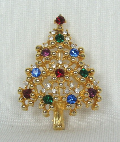 VTG 1950s 60s SIGNED EISENBERG GOLDEN CRYSTAL CHRISTMAS TREE BROOCH 2" TALL - Picture 3 of 12