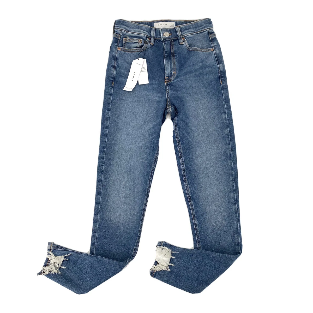 TOP SHOP Jamie High Waisted Skinny Stretch Blue Denim Raw Hem