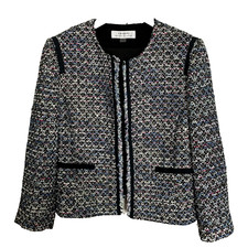 TAHARI ARTHUR S. LEVINE Size 12 Blue MultiColor Tweed Sequin Fringe Blazer Open