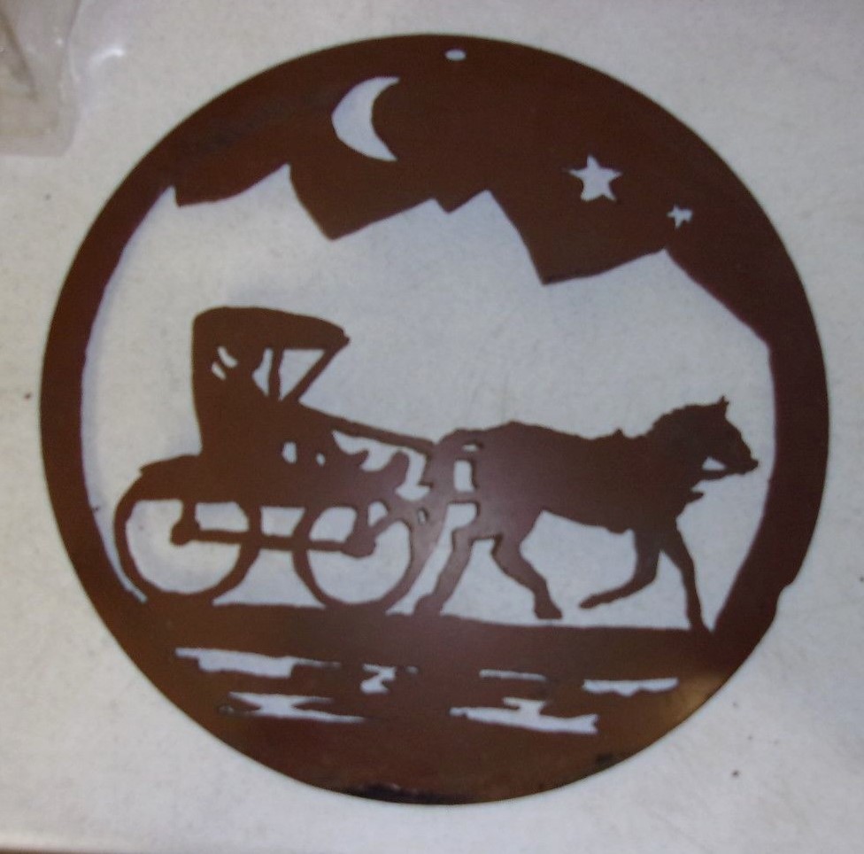 Primitive Hand Made Amish Art Wall Hanging Horse Buggy Metal Silhouette