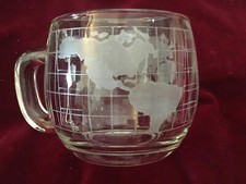 Set/4 Vintage Nestle Etched World Map Globe, clear glass coffee cup mug, ECU