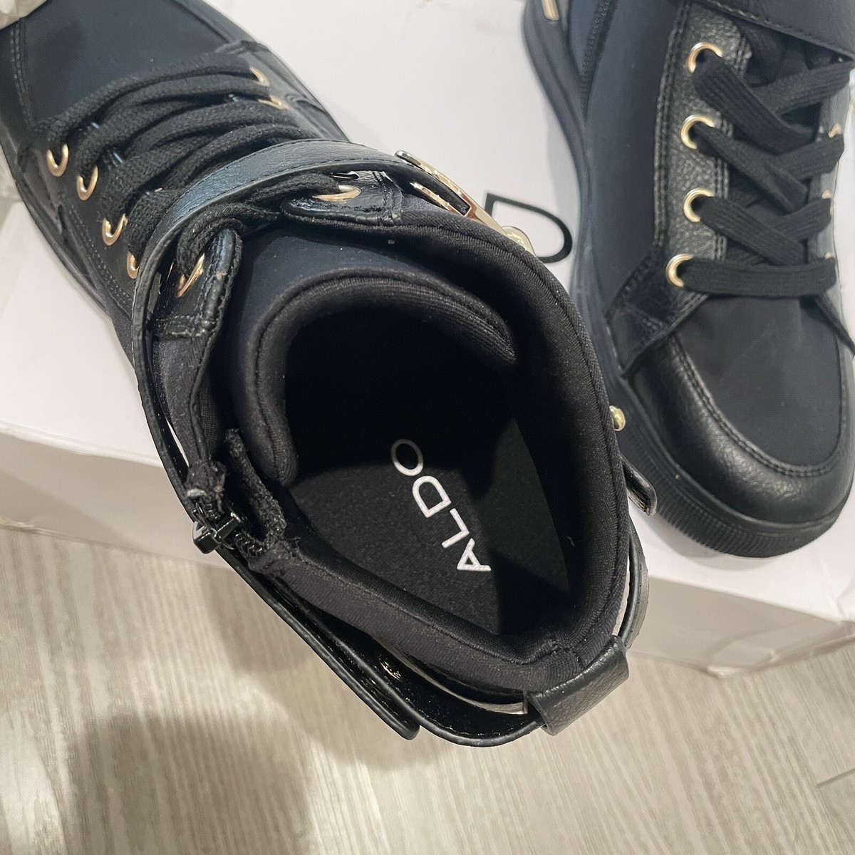 Aldo Women's Y2K Black Mid-Top Sneakers Zip Buckle Lace Up