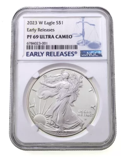 2023-W S$1 Silver American Eagle Proof Graded by NGC as PF69 Ultra Camoe ER