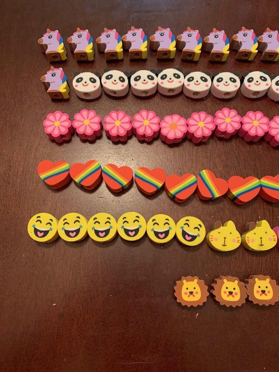 Novelty Eraser Lot x80 Unicorn Bear Flower Heart Emoji Frog