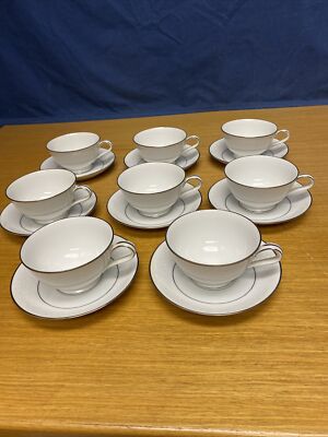 8 Sets of Noritake Buckingham Footed Cups and Saucers w/Platinum Trim