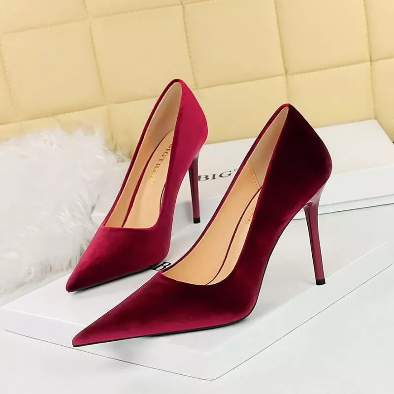 Zapatos de Salón Tacón Mujer 10 CM Rojo Terciopelo Elegante Piel Sintético 91628
