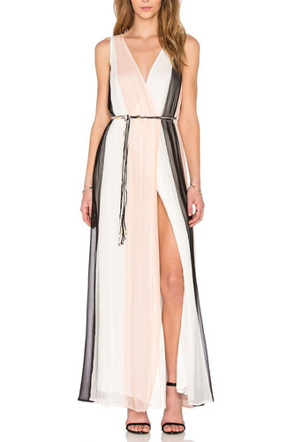 ELLA MOSS Ophelia Silk Sleeveless Belted Colorblock V Neck Maxi Dress S $278