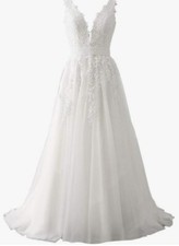 Women's Wedding Dress for Bride Lace Applique Evening Dress V Neck
