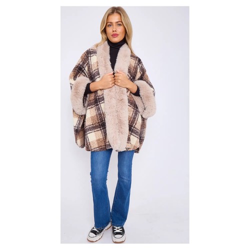 Taupe Faux Fur Front Opening Check Cape - Picture 2 of 14