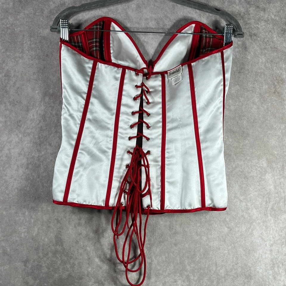 Frederick's Of Hollywood Corset Womens L White Red Plaid Boned Reversible Y2K  - Image 4 of 4