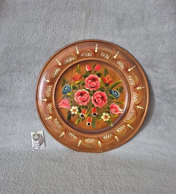 Wandbild rund aus Holz Blumendekor handbemalt