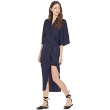 Michelle Mason 100% Silk Sz 10 Blue Stripe Kimono Sleeve Long Dress Maxi