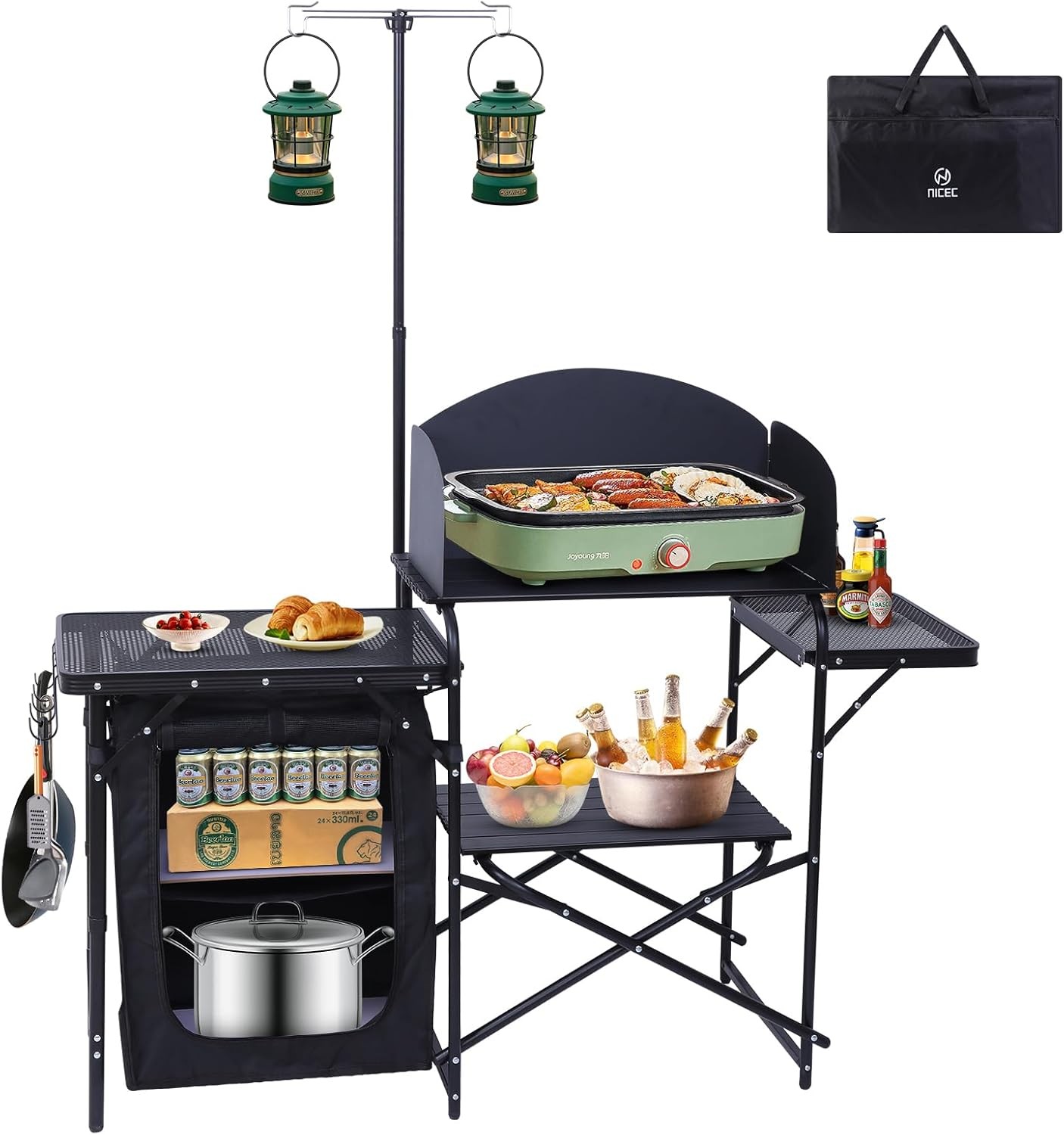 Nice C Camping Kitchen Station, Folding Table & Organizers, Upgrade Light Stand