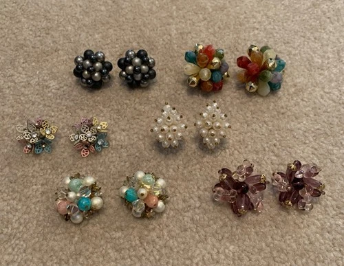 Lot of 6 Vintage Beaded Cluster Clip-On Earrings Costume Jewelry 1960s-1980s
