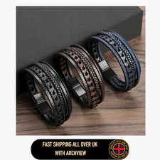Men Multi Layer Vintage Leather Rope Braided Bracelet Magnetic Clasp, Men Gift U