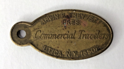 Commercial Travelers Registry Tag Arvin P. Trevvett Utica NY Reg No. 908245