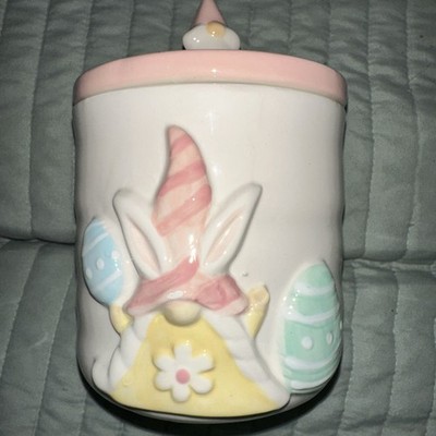 Carrot Patch Cottage Easter Gnome 7x4in Ceramic Canister Lidded Pastel