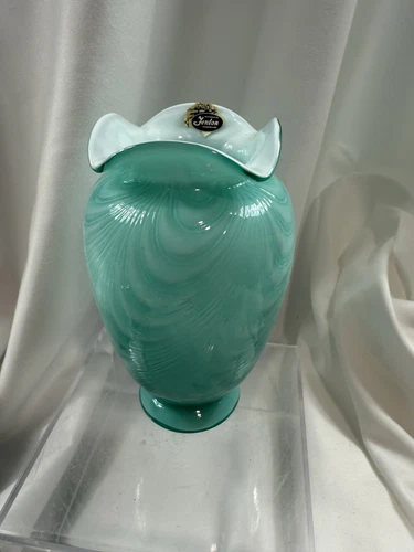 Vintage Vase Fenton Art Glass Blue Cased Textured Vase 6.75”