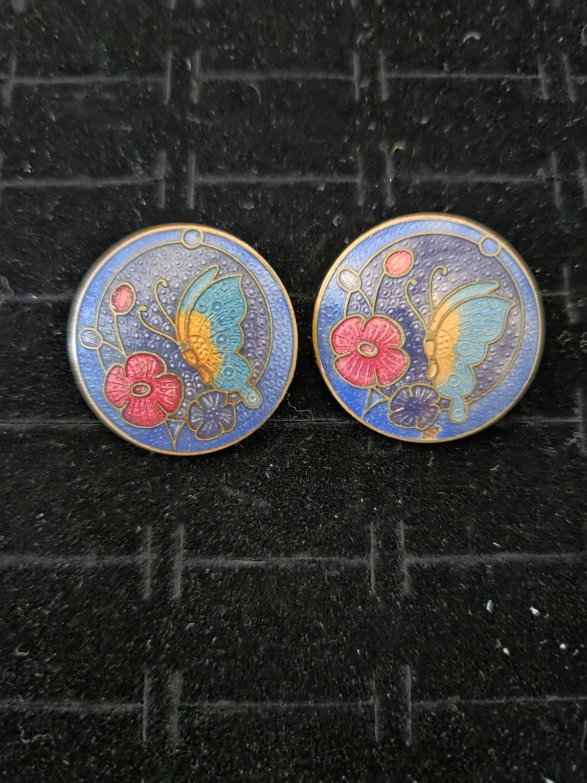 Vintage Cloisonne Earrings Butterfly & Flower Purple Circles Post