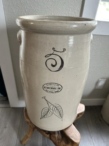 Antique Red Wing 5 gallon Birch Leaf Stoneware Crock Churn