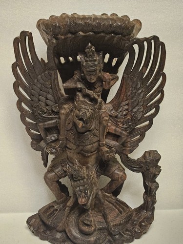 BALI GARUDA WINGED GRIFFIN DRAGON WOOD HAND CARVED SCULPTURE 16X10 FIGURINE RARE