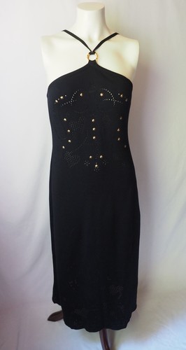 Escada Italy Midi Neckholder Etuikleid Ösen Strick Gold Sterne Nieten Schwarz 42 - Bild 1 von 8