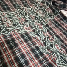Roar Plaid Embroidered Cotton Button-Up Shirt S Black Red White Long Sleeve