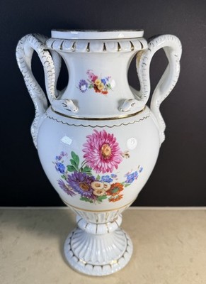 Antique Meissen Neoclassical Hand-Painted Floral 12  Urn Vase Snake Handles READ