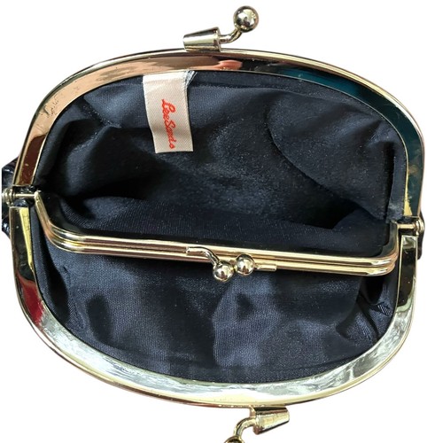 Vtg Lee Sands Black Eel Skin Double Kiss Lock Framed Coin Purse Clutch Soft Gold - Picture 4 of 15