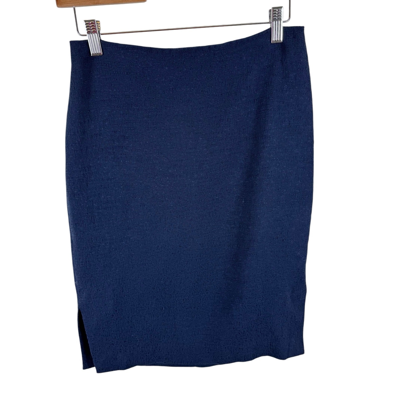 LOFT Navy Blue Tweed Lined Straight Knee Length Skirt Cotton Slit Size 4