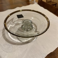 Anchor Hocking Glass Cake Stand W/ Gold Trim Made In USA 8 Inch Diameter
