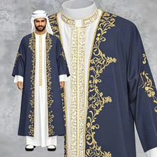 Men Kaftan Thobe Embroidered Long Sleeve Arab Islamic Robe Dubai Caftan