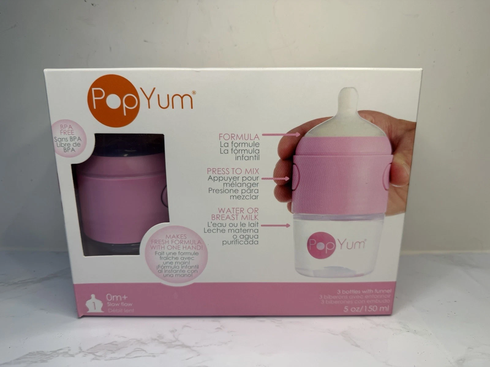 NEW PopYum Pop Yum5 oz Anti-Colic Formula Making Baby Bottle Pink 3 pk -dam Box