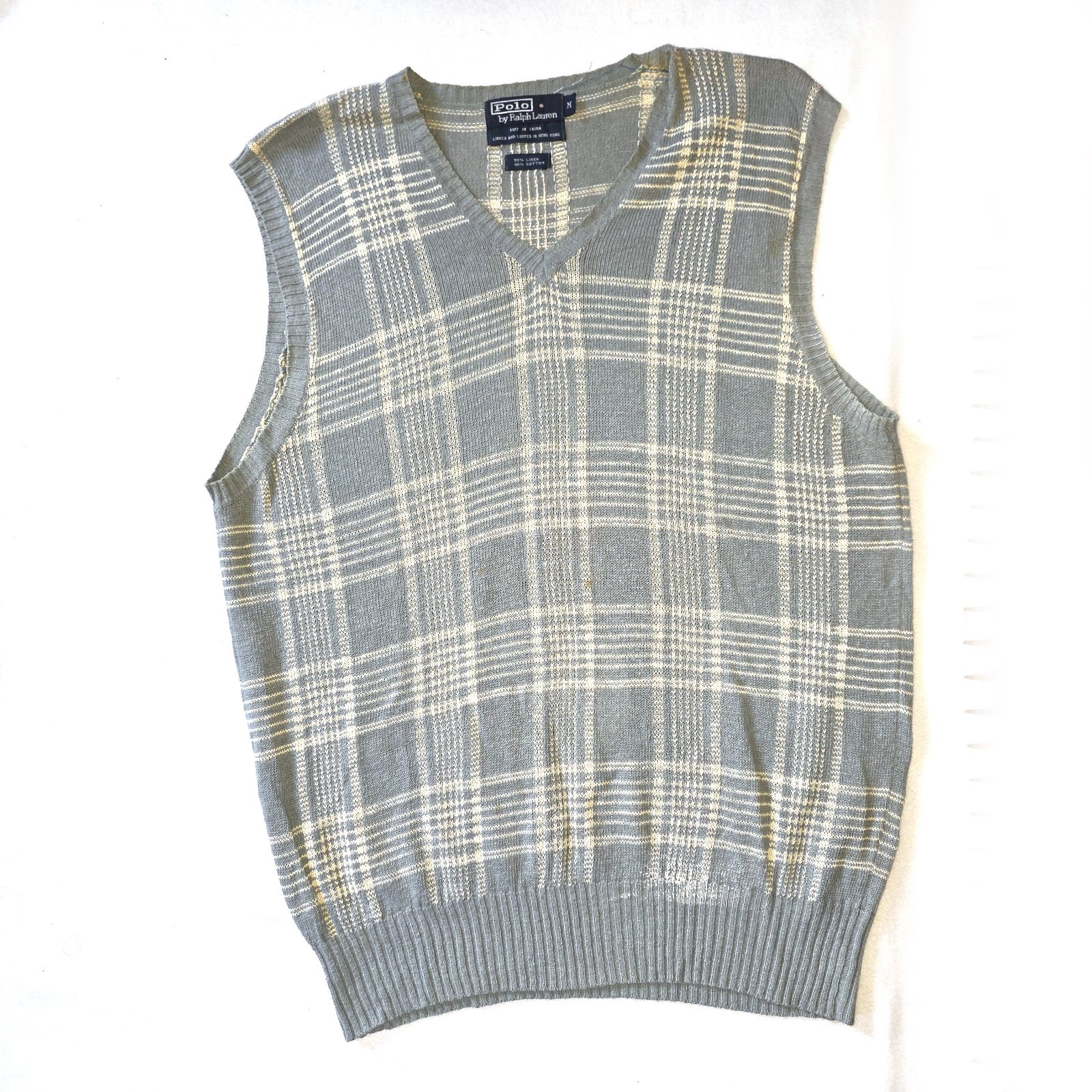 Vintage Polo Ralph Lauren Linen / Cotton Sweater Vest Men’s Medium Gray Plaid V-