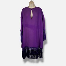 V Valentino Women's Purple Silk Fringe Trim Keyhole Front Shift Dress Size 42
