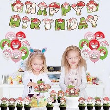 Mushrooms Birthday Party Decor Girls Favor Pink Mushroom Balloon Bananer Topper