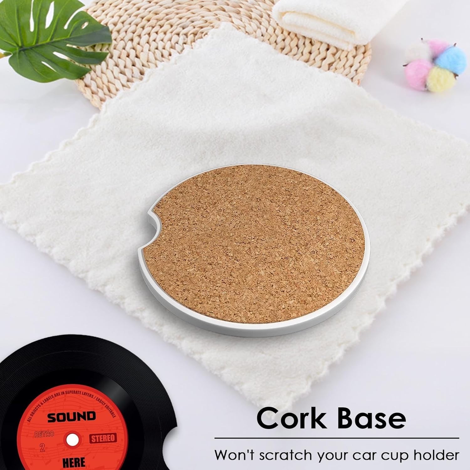 2 Pack Car Coaster, Absorbent Ceramic Stone Cork Base Drink Coasters 2.6 Inch...
