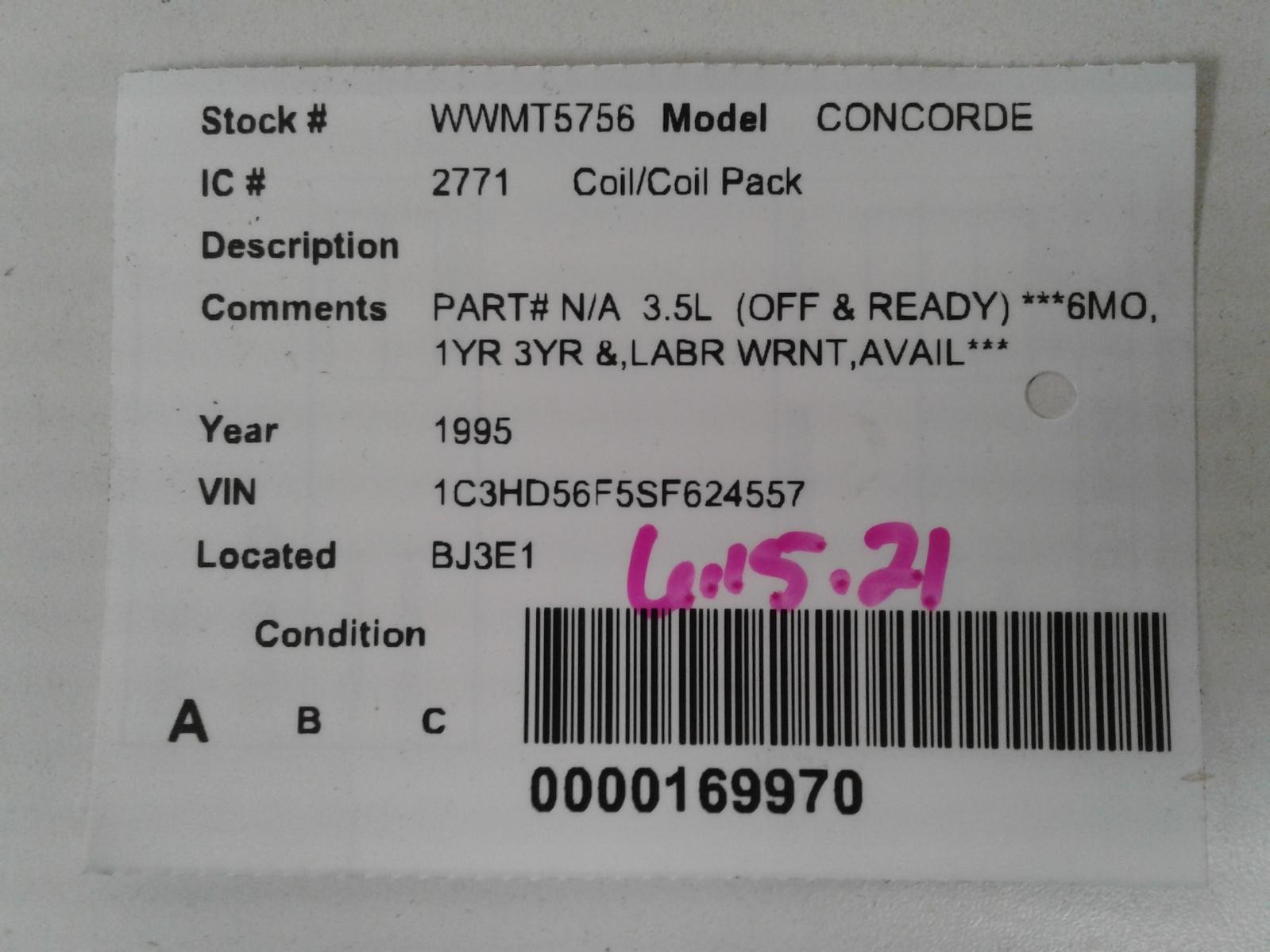 Used Ignition Coil fits: 1995 Chrysler Concorde  Grade A