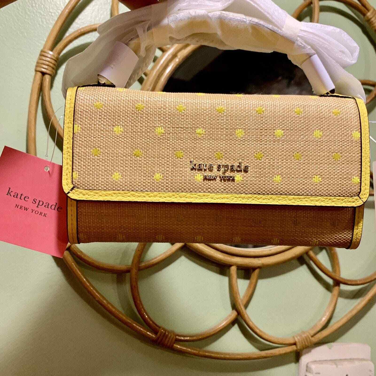 Kate Spade Roulette TopHandle Crossbody Yellow Raffia Bag with Glitter