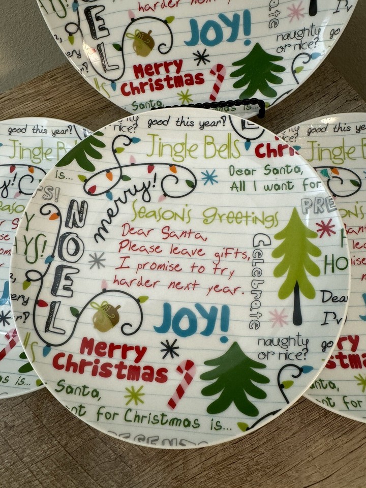 World Market Set Of 4 Plates Christmas Dear Santa 8” Red Green Festive
