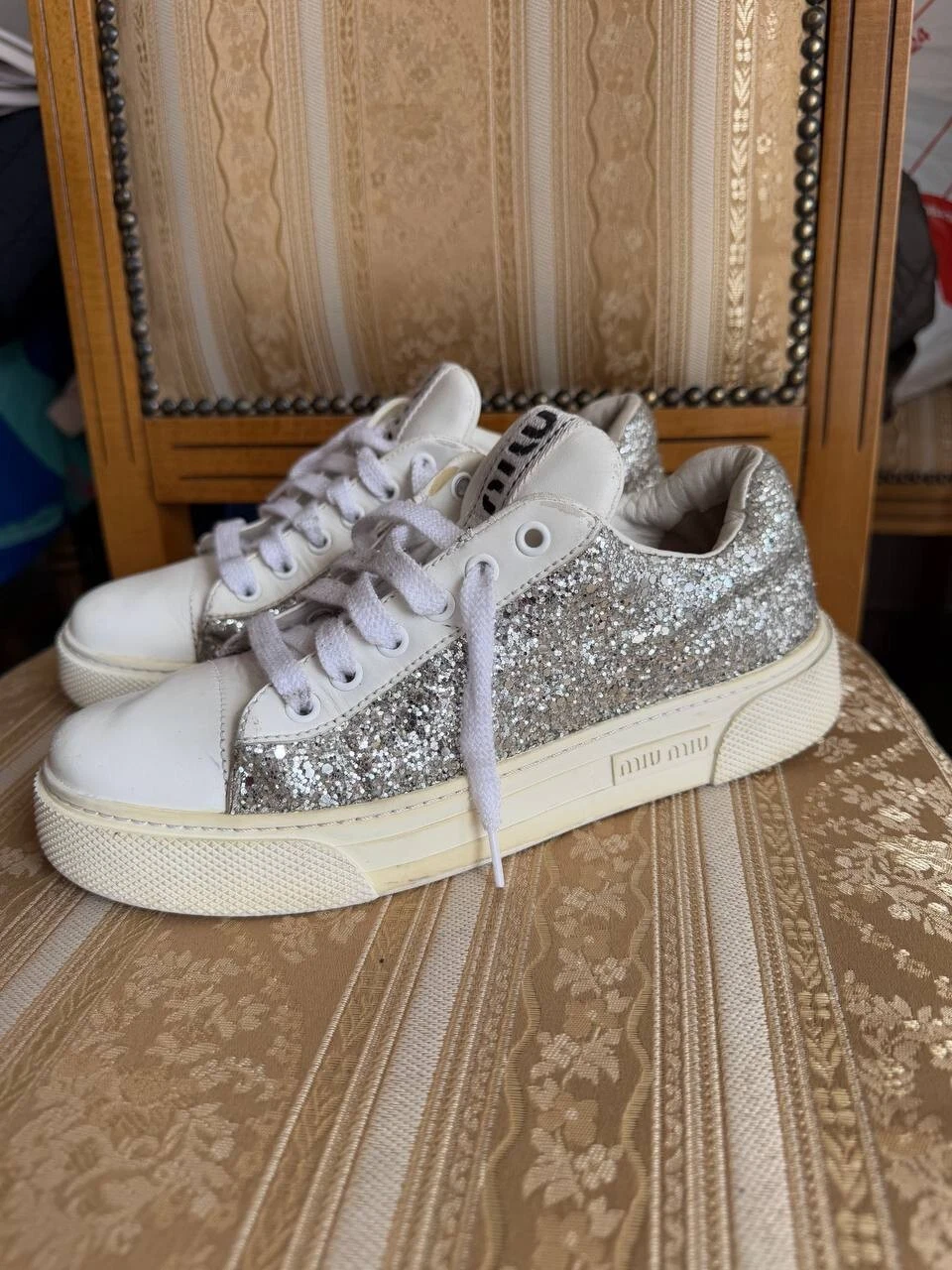 MIU MIU 5E089D SCARPE DA GINNASTICA SNEAKERS BASSE IN PELLE BIANCO ARGENTO DONNA EU 36 5 37